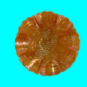 CARNIVAL GLASS Marigold Grape and Leaf Pattern 8.5 Inch Ruffled Bowl vintaage